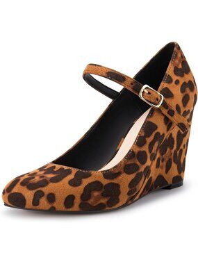 Women's Leopard Wedge Pumps With Ankle Strap Closed Toe Dressy Heels Shoes